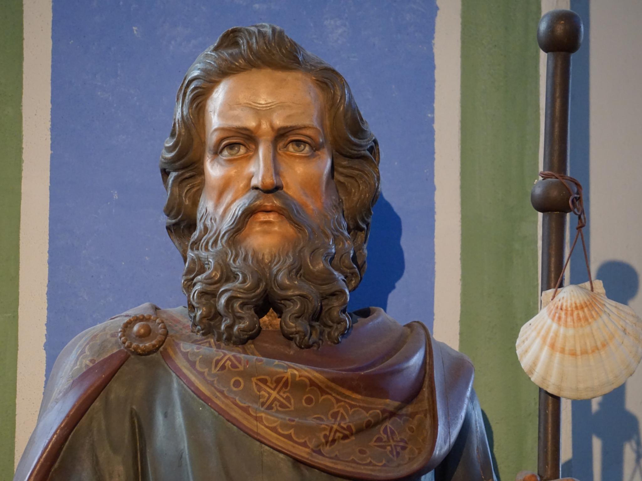 Jakobusfigur mit Pilgerstab und Jakobsmuschel, G.A. Venth 1890, Jakobskirche